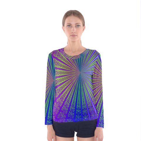 Blue Fractal That Looks Like A Starburst Women s Long Sleeve Tee by Simbadda