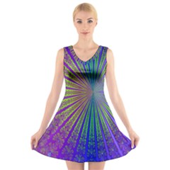 Blue Fractal That Looks Like A Starburst V-neck Sleeveless Skater Dress by Simbadda