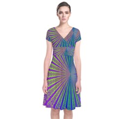 Blue Fractal That Looks Like A Starburst Short Sleeve Front Wrap Dress by Simbadda