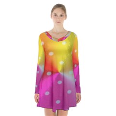 Polka Dots Pattern Colorful Colors Long Sleeve Velvet V-neck Dress by Simbadda