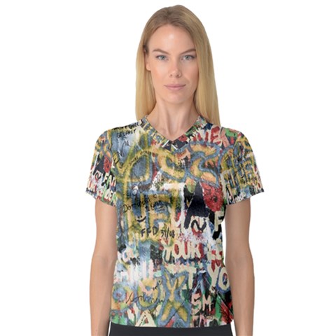 Graffiti Wall Pattern Background Women s V-neck Sport Mesh Tee by Simbadda