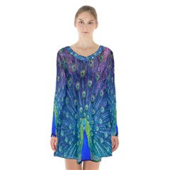 Amazing Peacock Long Sleeve Velvet V-neck Dress by Simbadda