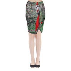 Red Peacock Midi Wrap Pencil Skirt by Simbadda