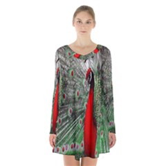 Red Peacock Long Sleeve Velvet V-neck Dress by Simbadda