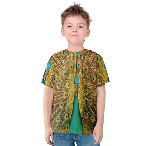 Peacock Bird Feathers Kids  Cotton Tee by Simbadda