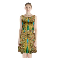 Peacock Bird Feathers Sleeveless Chiffon Waist Tie Dress by Simbadda