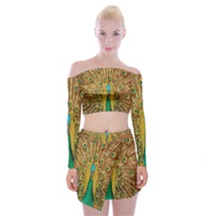 Peacock Bird Feathers Off Shoulder Top With Skirt Set