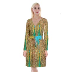 Peacock Bird Feathers Long Sleeve Velvet Front Wrap Dress