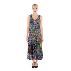 Multi Color Peacock Feathers Sleeveless Maxi Dress by Simbadda