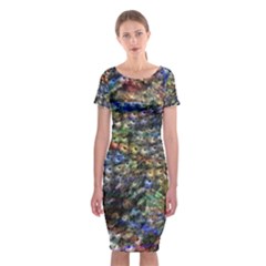 Multi Color Peacock Feathers Classic Short Sleeve Midi Dress by Simbadda