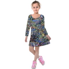 Multi Color Peacock Feathers Kids  Long Sleeve Velvet Dress by Simbadda