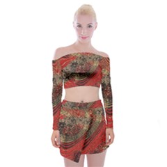 Red Gold Black Background Off Shoulder Top With Skirt Set