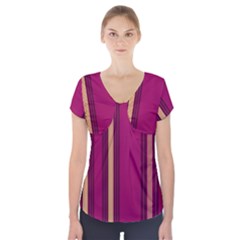 Stripes Background Wallpaper In Purple Maroon And Gold Short Sleeve Front Detail Top by Simbadda