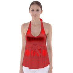 Red Flowers Velvet Flower Pattern Babydoll Tankini Top by Simbadda