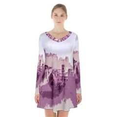 Abstract Painting Edinburgh Capital Of Scotland Long Sleeve Velvet V-neck Dress by Simbadda