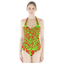 Colorful Qr Code Digital Computer Graphic Halter Swimsuit by Simbadda