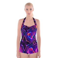 Rainbow Abstract Background Pattern Boyleg Halter Swimsuit  by Simbadda