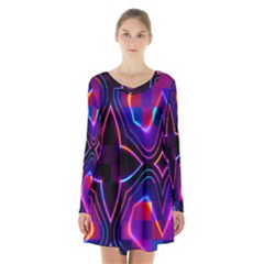 Rainbow Abstract Background Pattern Long Sleeve Velvet V-neck Dress by Simbadda