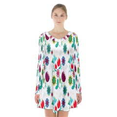 Lindas Flores Colorful Flower Pattern Long Sleeve Velvet V-neck Dress