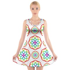 Geometric Circles Seamless Rainbow Colors Geometric Circles Seamless Pattern On White Background V-neck Sleeveless Skater Dress by Simbadda