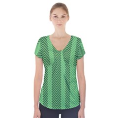 Green Herringbone Pattern Background Wallpaper Short Sleeve Front Detail Top by Simbadda