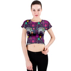 Colorful Elephants Love Background Crew Neck Crop Top