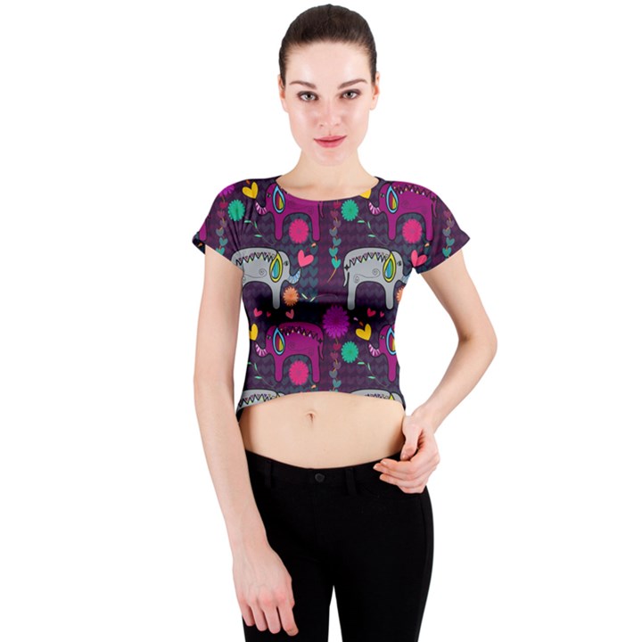 Colorful Elephants Love Background Crew Neck Crop Top