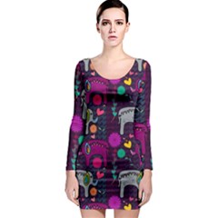 Colorful Elephants Love Background Long Sleeve Bodycon Dress