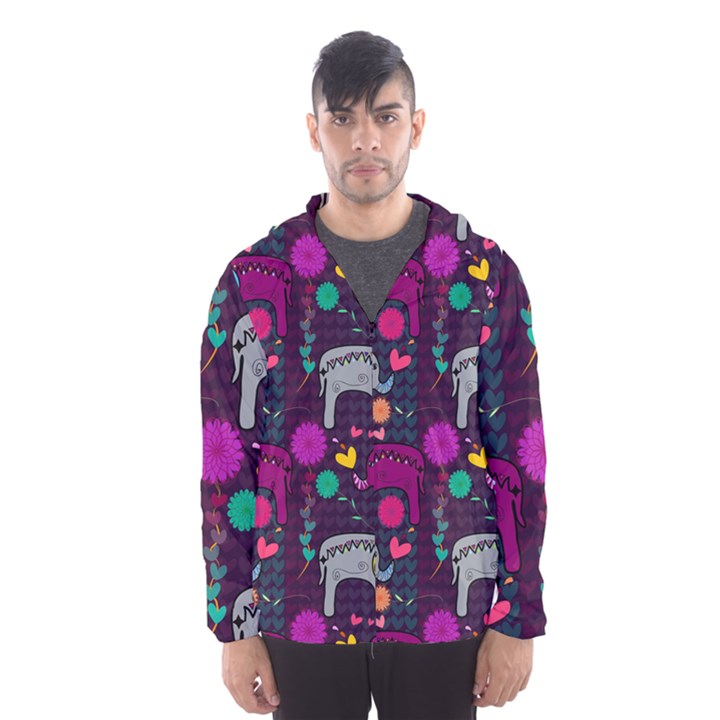 Colorful Elephants Love Background Hooded Wind Breaker (Men)