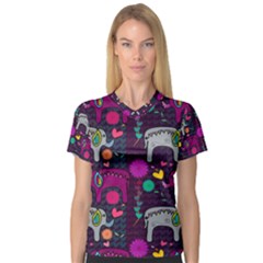 Colorful Elephants Love Background Women s V-Neck Sport Mesh Tee