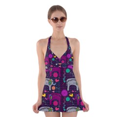 Colorful Elephants Love Background Halter Swimsuit Dress