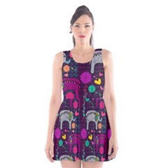 Colorful Elephants Love Background Scoop Neck Skater Dress