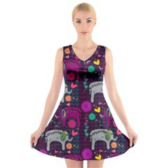 Colorful Elephants Love Background V-Neck Sleeveless Skater Dress