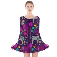 Colorful Elephants Love Background Long Sleeve Velvet Skater Dress