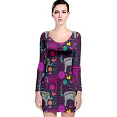 Colorful Elephants Love Background Long Sleeve Velvet Bodycon Dress