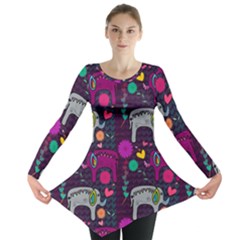 Colorful Elephants Love Background Long Sleeve Tunic 