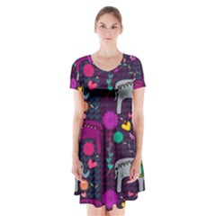 Colorful Elephants Love Background Short Sleeve V-neck Flare Dress