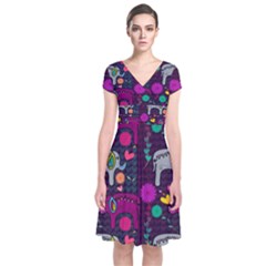 Colorful Elephants Love Background Short Sleeve Front Wrap Dress