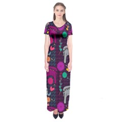 Colorful Elephants Love Background Short Sleeve Maxi Dress