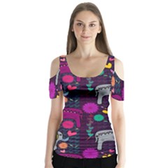 Colorful Elephants Love Background Butterfly Sleeve Cutout Tee 