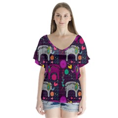 Colorful Elephants Love Background Flutter Sleeve Top