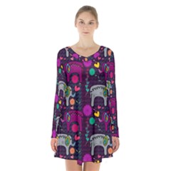 Colorful Elephants Love Background Long Sleeve Velvet V-neck Dress