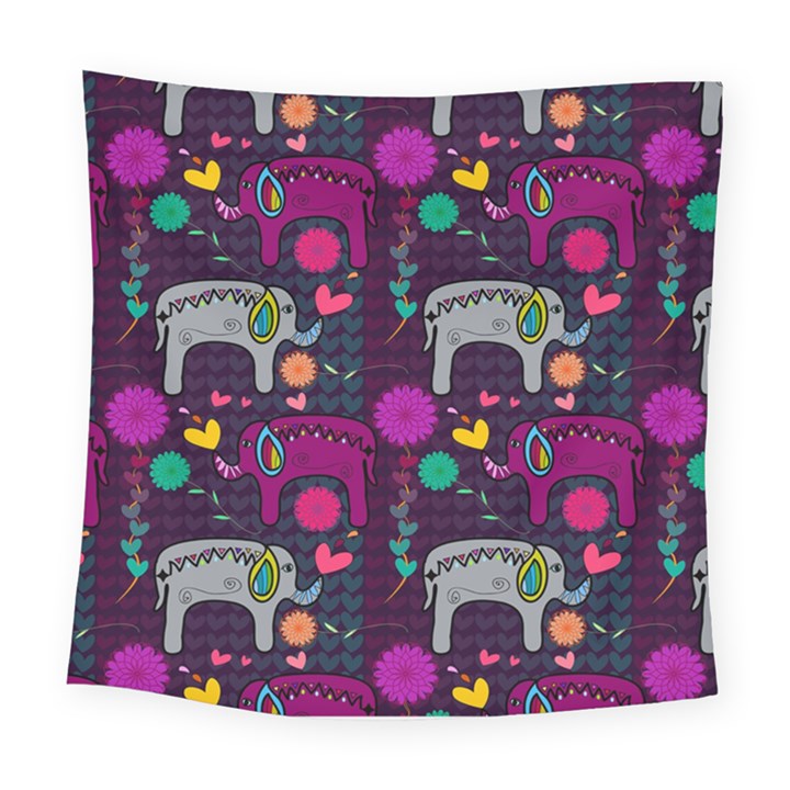 Colorful Elephants Love Background Square Tapestry (Large)