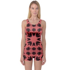 Digital Computer Graphic Seamless Patterned Ornament In A Red Colors For Design One Piece Boyleg Swimsuit by Simbadda