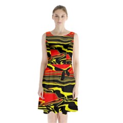 Abstract Clutter Sleeveless Chiffon Waist Tie Dress