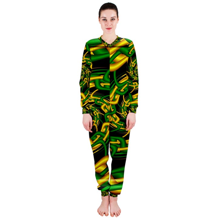 Green Yellow Fractal Vortex In 3d Glass OnePiece Jumpsuit (Ladies) 