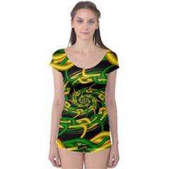 Green Yellow Fractal Vortex In 3d Glass Boyleg Leotard  by Simbadda