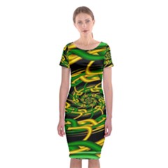 Green Yellow Fractal Vortex In 3d Glass Classic Short Sleeve Midi Dress by Simbadda