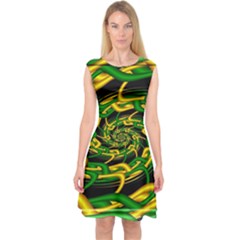 Green Yellow Fractal Vortex In 3d Glass Capsleeve Midi Dress