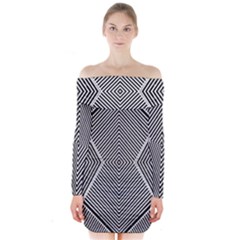 Black And White Line Abstract Long Sleeve Off Shoulder Dress by Simbadda